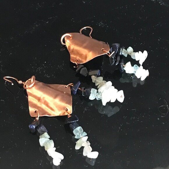 Pure Copper Earrings Sunstone Aquamarine Rose Quartz Drop Dangle Gift Diamond - Picture 2 of 6